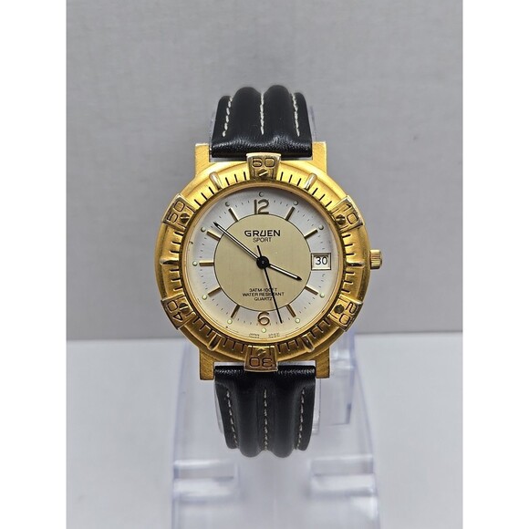 Gruen Sport Quartz Date Gold Tone Bezel 3ATM 100FT Mens Watch New Battery Analog - Picture 1 of 13